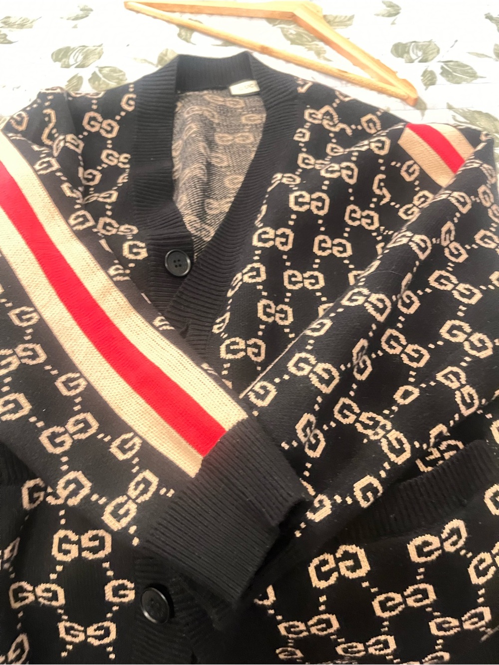 Men's Preowned Gucci Black Logo Knit Cardigan with Red & Cream Stripe like new.